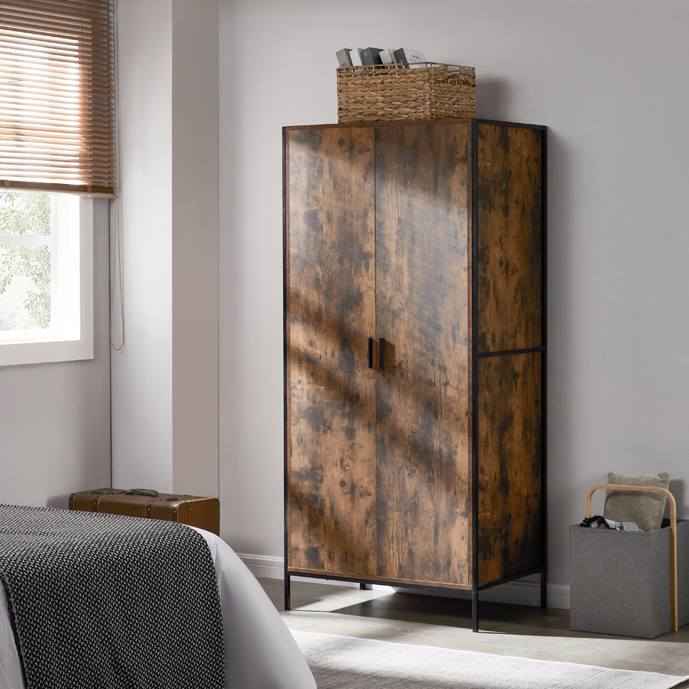 Vida Designs Brooklyn 2 Door Dark Wood Industrial Wardrobe with Hanging Rail and Shelf Image 4