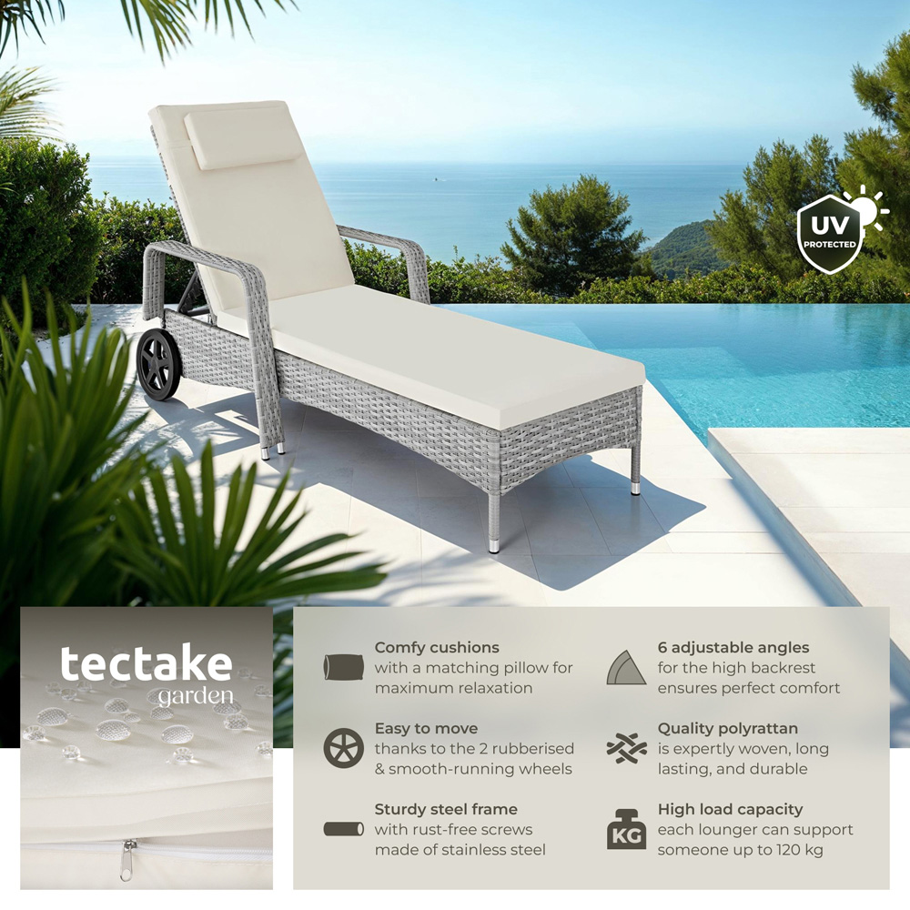 tectake Light Grey and Cream 6 Level Adjustable Sun Lounger with Soft Pillow and Wheels Image 2