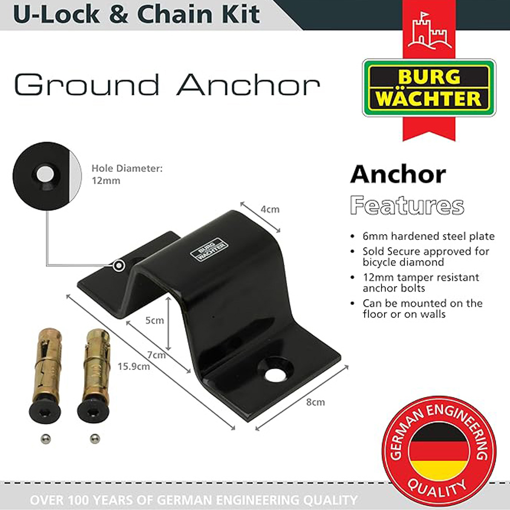 Burg-Wachter Kit Sold Secure Gold 1m x 12mm Motorbike Chain, U-lock + Anchor Image 3