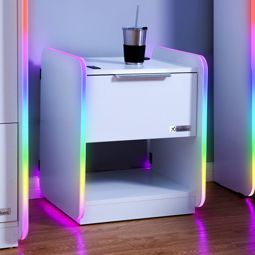 X Rocker Electra Single Drawer Single Shelf White LED Bedside Table with Charging and App Control Image 2