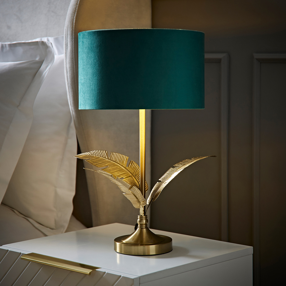 ValueLights Christina Green Velvet and Gold Palm Leaf Table Lamp with Bulb Image 2