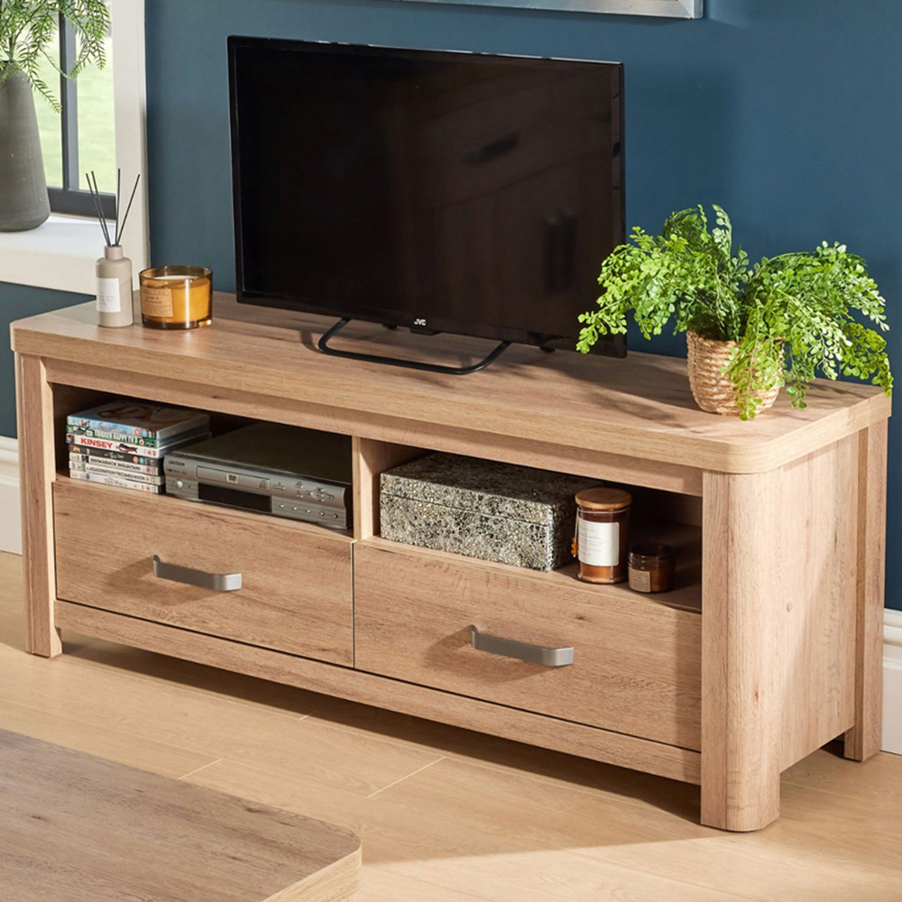 Home Source Huntingdon 2 Drawer 2 Shelf Oak Effect TV Unit Image 1