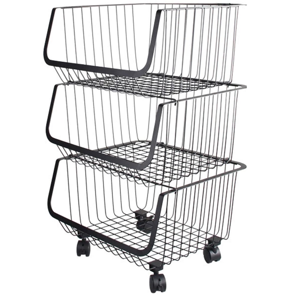Living and Home Black Set of 3 Stackable Rolling Metal Wire Basket Trolley Image 1