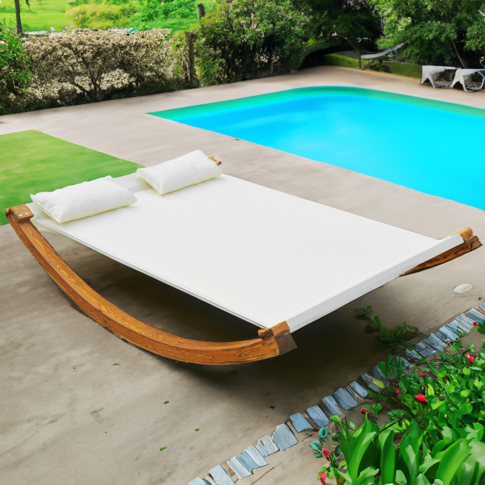 Outsunny White Double Sun Lounger with Wooden Frame Image 1