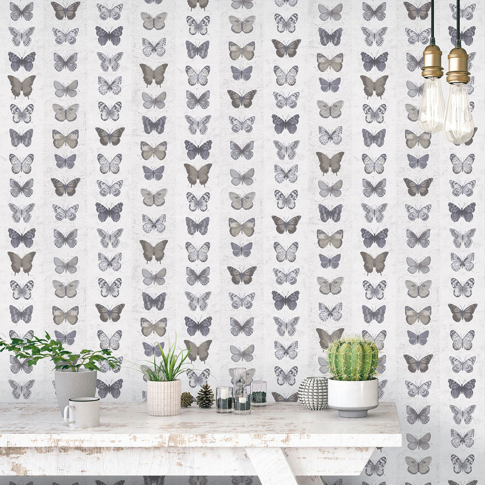 Galerie Organic Textures Butterflies Stripe Beige Brown Grey Wallpaper Image 2