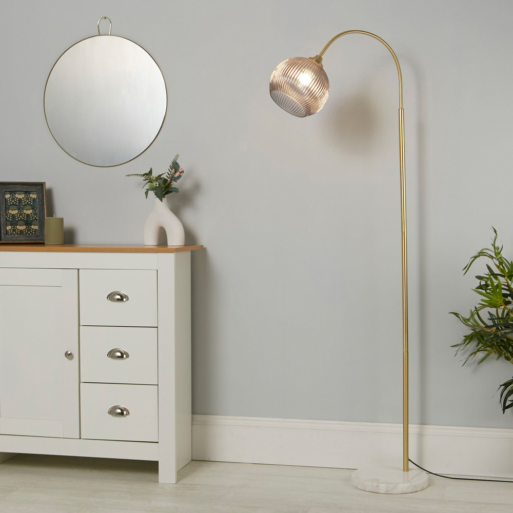 Lighting Collection Smoke Grey Glass Shade Satin Brass and Marble Floor Lamp Image 2