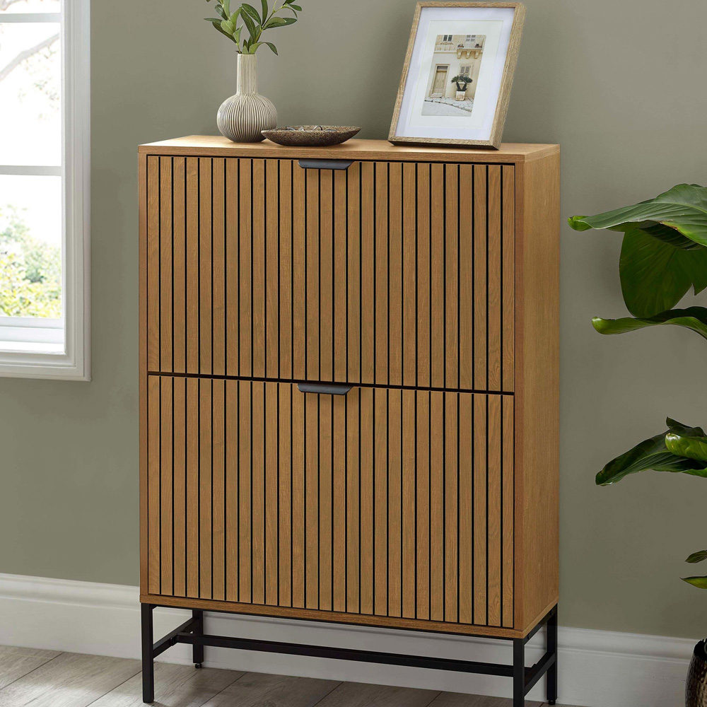Julian Bowen Sia 2 Flip Down Door Oak Effect Shoe Storage Cabinet Image 7
