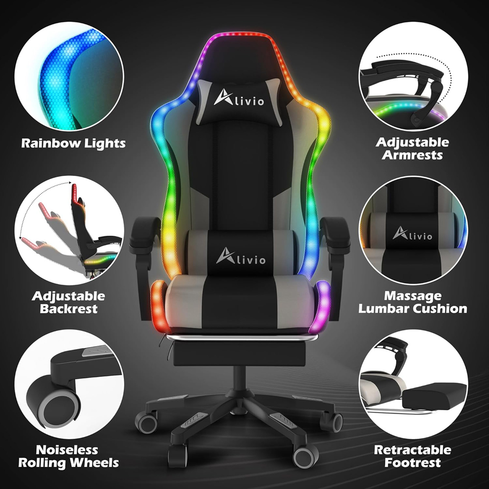 Alivio Grey PU Leather Wireless App Control LED Gaming Chair with Massage Lumbar Cushion Image 7