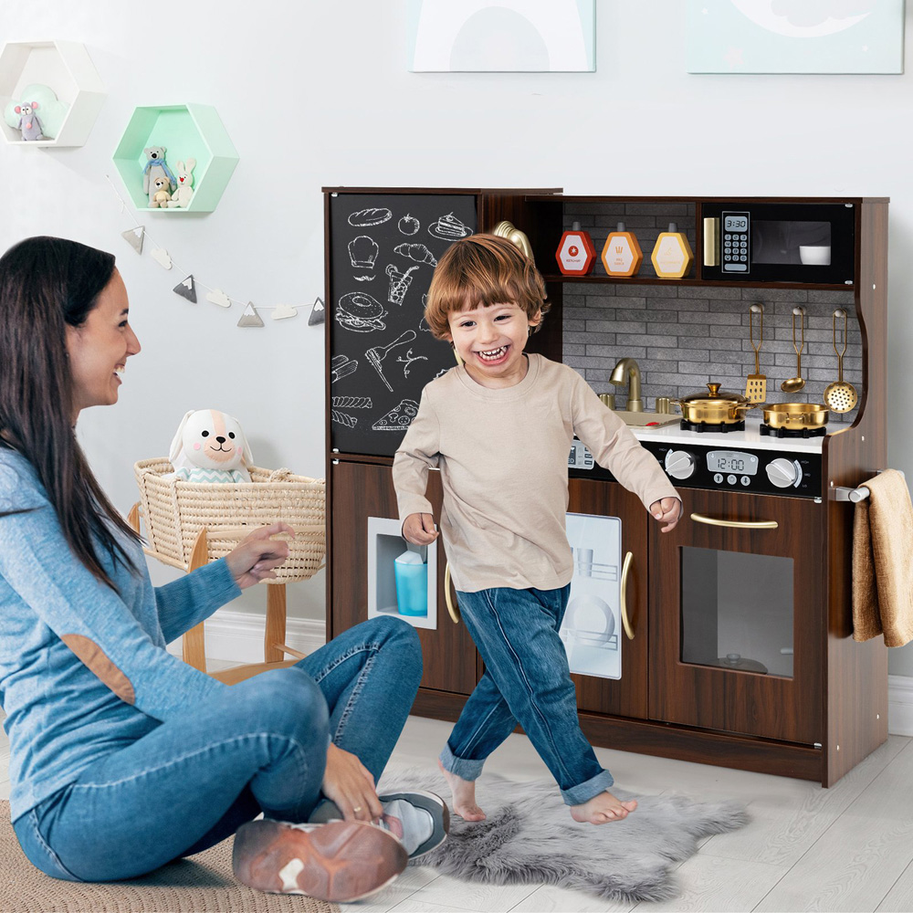 Costway Toddler Rustic Brown Kitchen Play Set with Simulated Sounds Image 2
