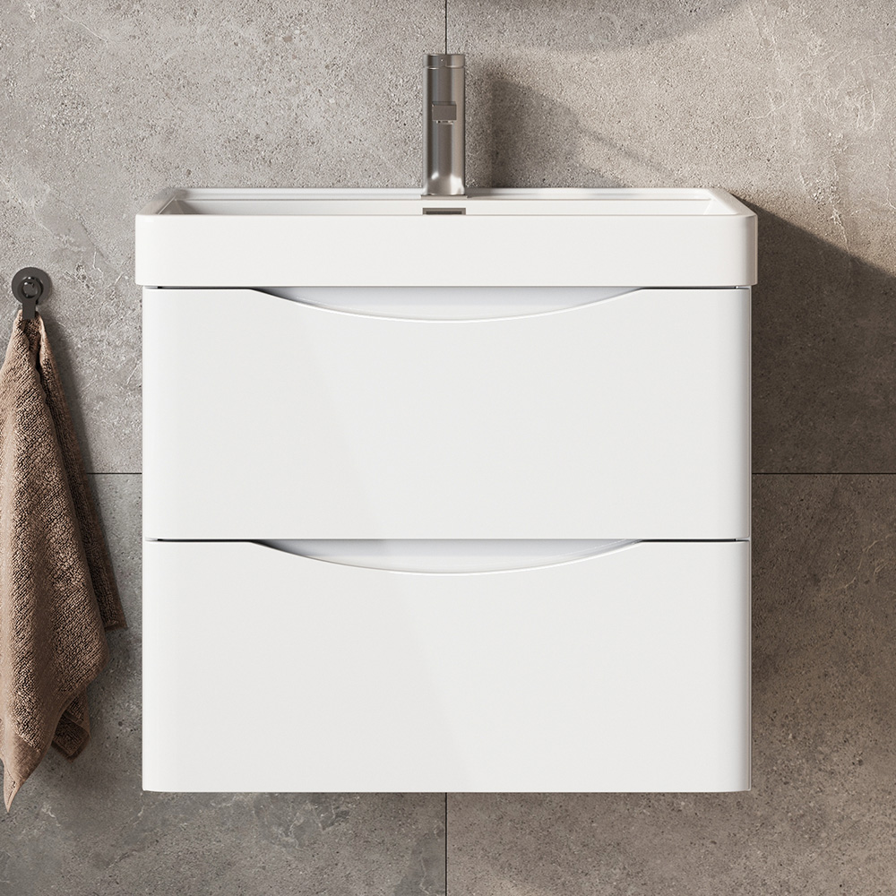 Go Bathrooms Eaton 2 Drawer White Gloss Wall Hung Vanity Unit with Resin Basin 600mm Image 1