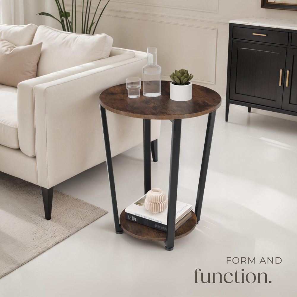 Tectake Swindon Single Shelf Round Rustic Dark Wood Bedside Table Image 8
