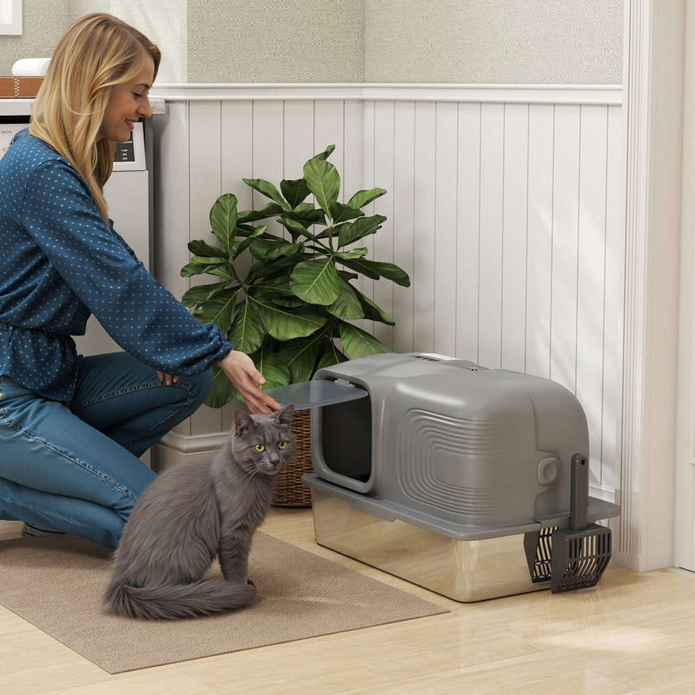PawHut Grey Stainless Steel Cat Litter Box with Plasma Deodoriser System 65L Image 2