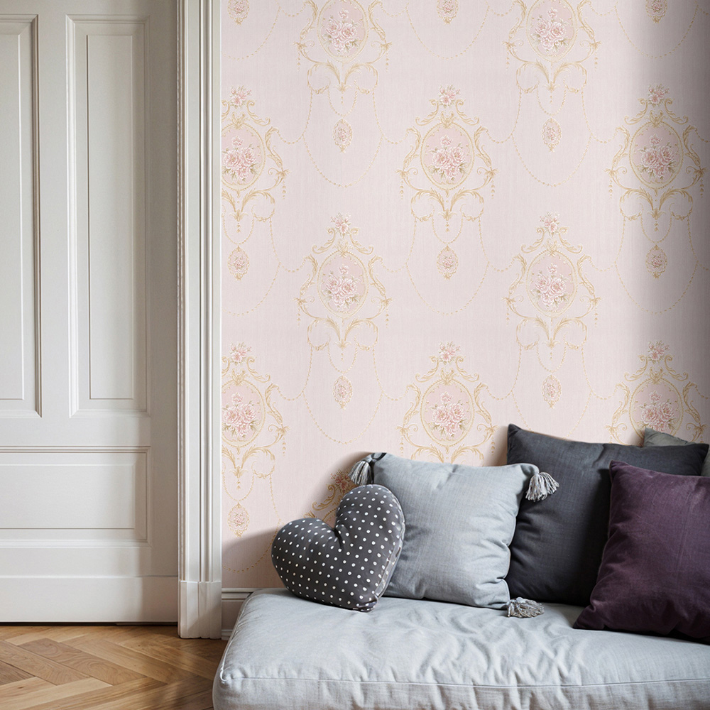Living and Home Damask Pattern 3D Embossed Pink Non-Pasted Non-Woven Vintage Wallpaper Image 2