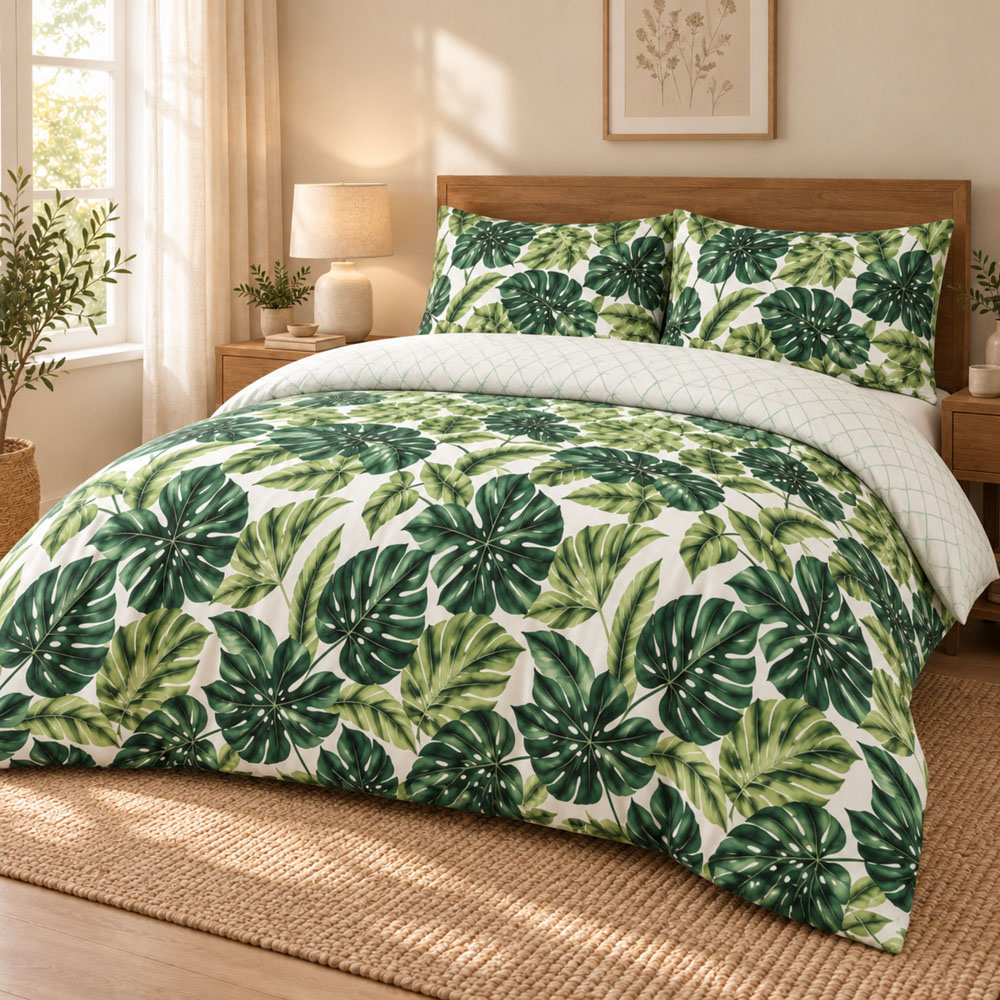 MHG Living Single Verdant Heaven Green Tropical Leaf Reversible Duvet Cover Set Image 1