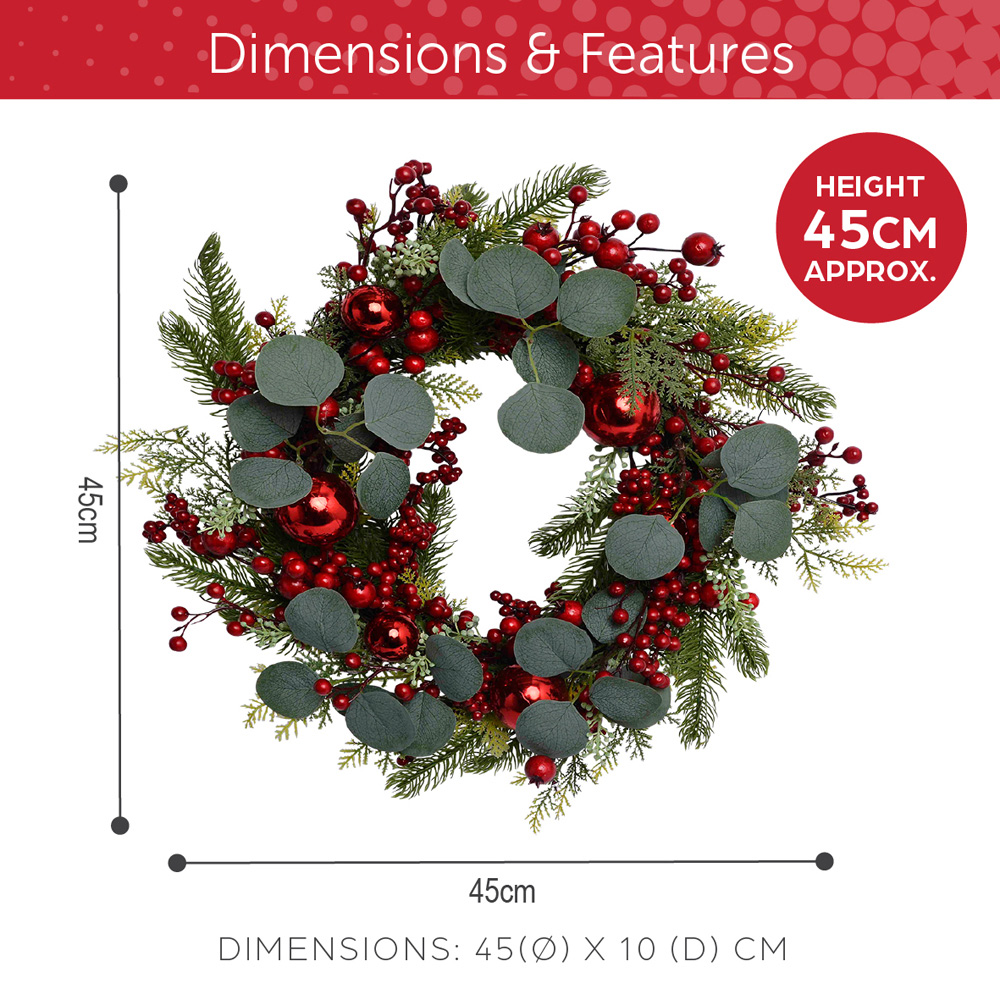 The Christmas Workshop Artificial Wreath with Red Baubles 45cm Image 8