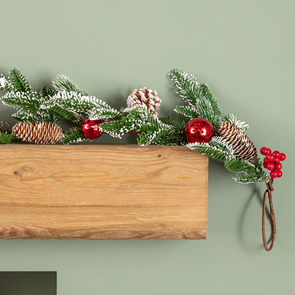 Samuel Alexander Frosted Pinecone Garland with Red Berries and Baubles 190cm Image 4