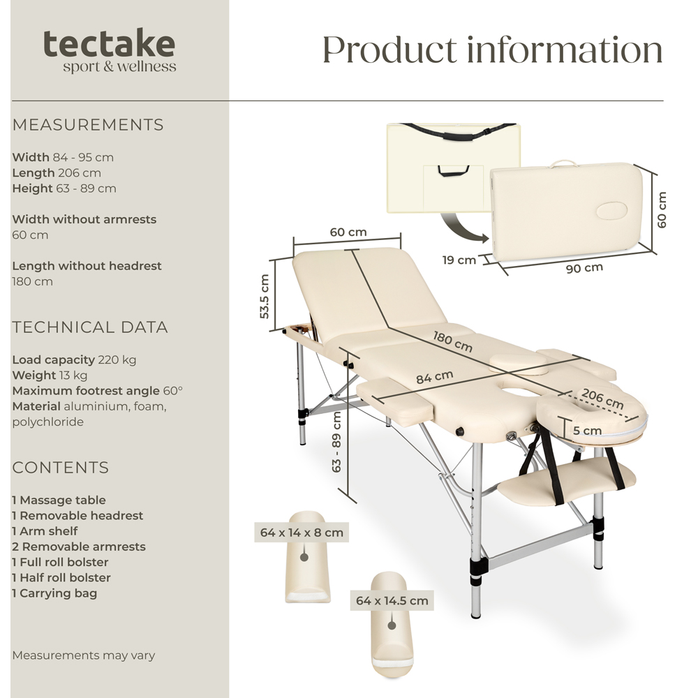 tectake Beige Aluminium Frame Foldable Massage Table with Bolsters and Carry Bag Image 9