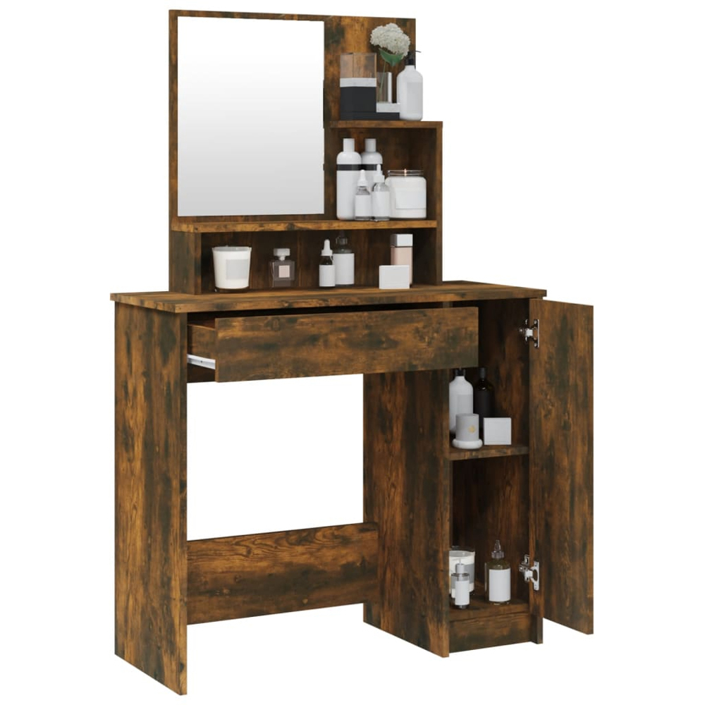 vidaXL Single Door Single Wide Drawer Smoked Oak Dressing Table with Mirror Image 5