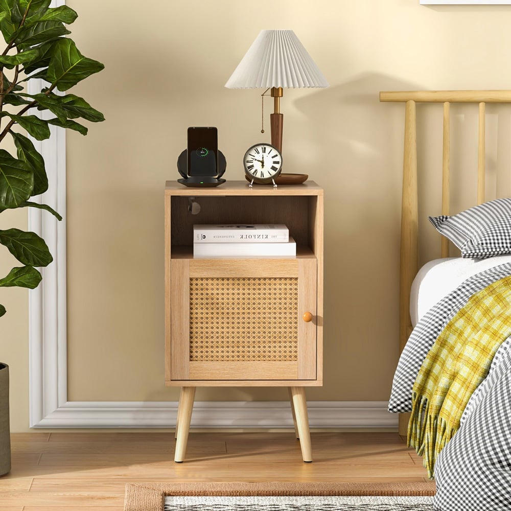 Costway Single Door Single Shelf Natural Rattan Nightstand Image 3
