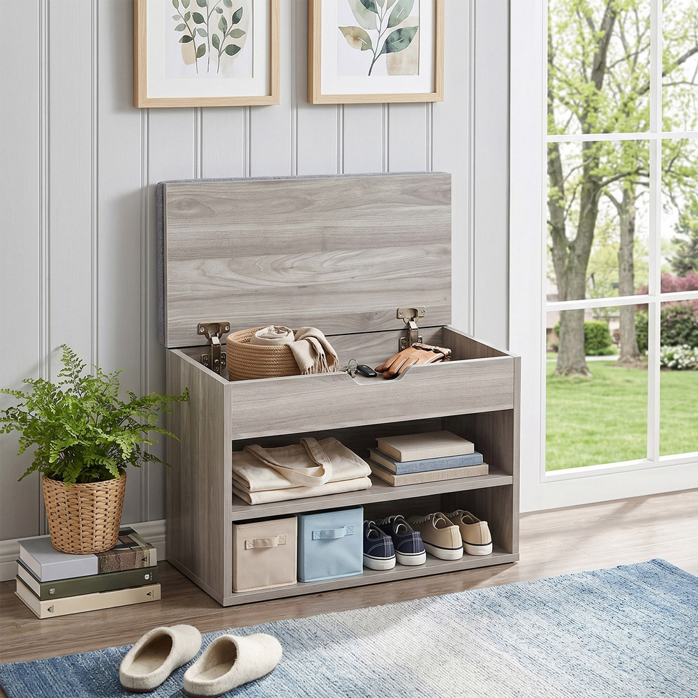 Living and Home 2 Open Shelf Grey Linen Shoe Bench with Lift-Up Lid Image 8