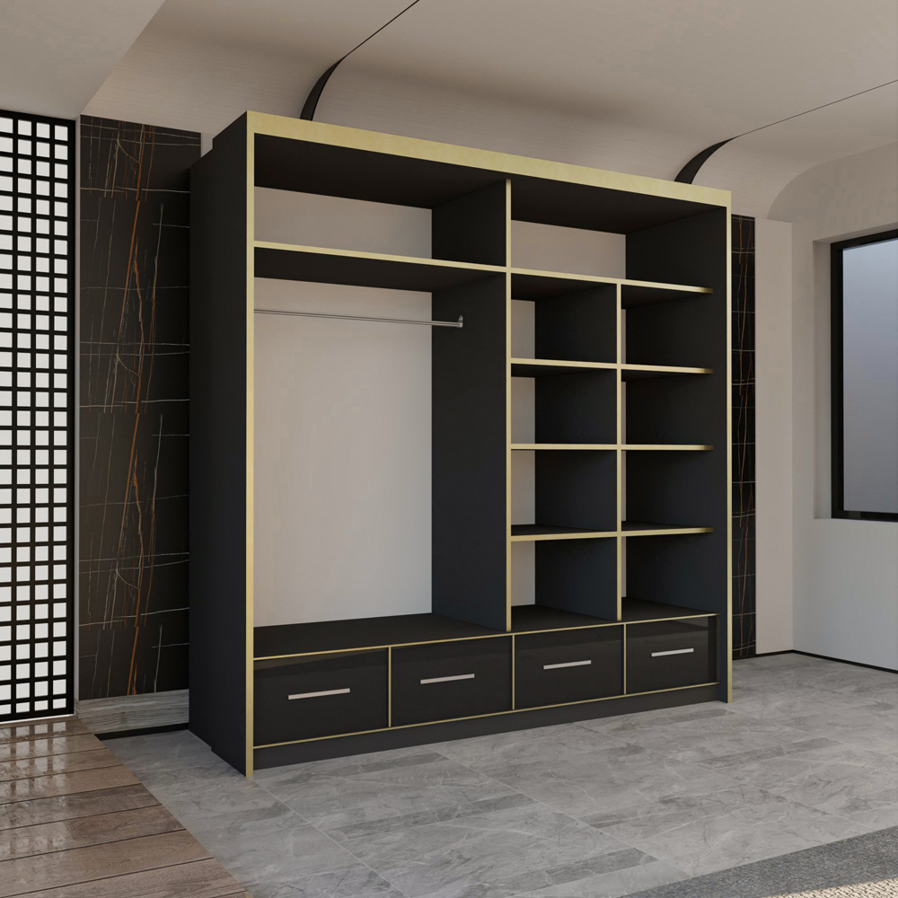 M N Furniture Silora 2 Door 4 Drawer Black and Gold High Gloss Mirrored Sliding Wardrobe 203cm Image 3