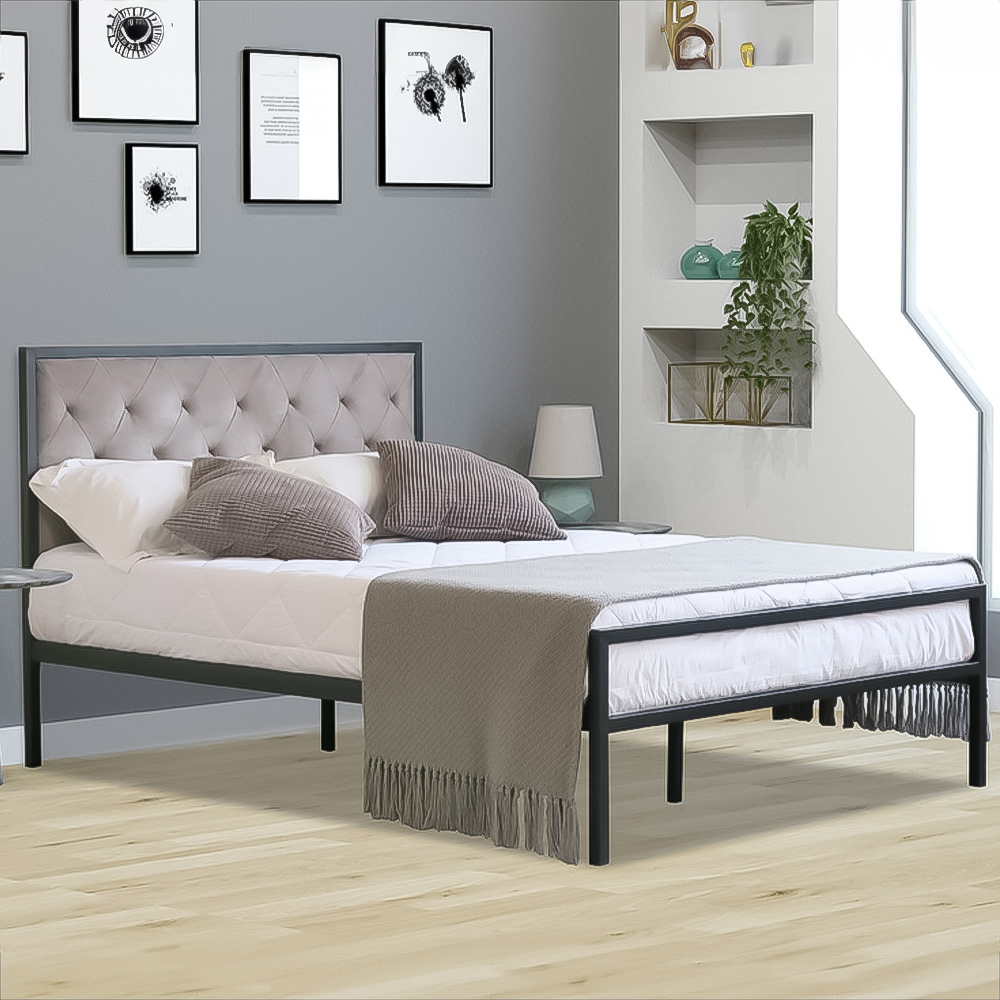 Brooklyn Double Metal Bed Frame with Grey Plush Velvet Buttoned Headboard Image 1