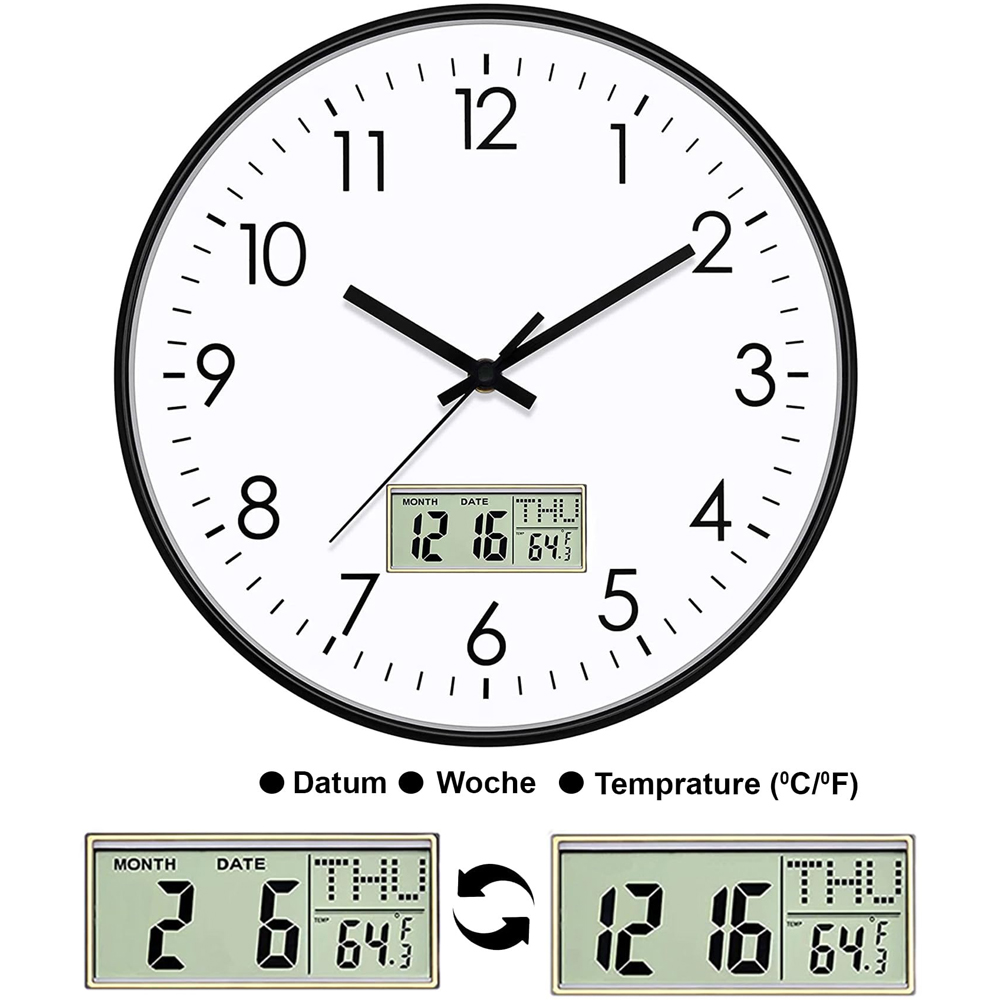 ATEK Black Silent Digital Wall Clock with Date Day and Temperature Display 30cm Image 6