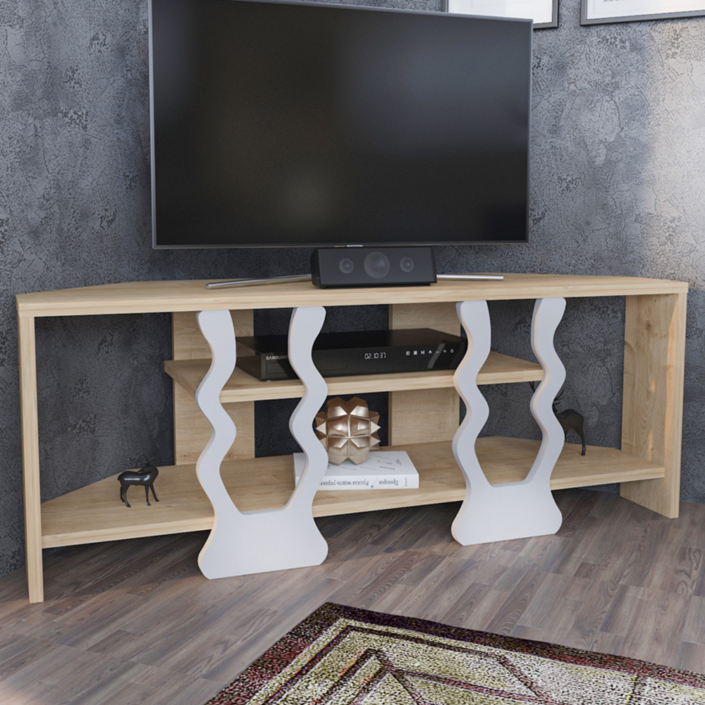 Decorotika Firal 2 Shelf Oak and White Corner TV Unit Image 1