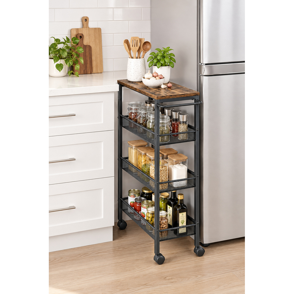 Modcraft 4 Shelf Black and Rustic Brown Slim Rolling Trolley Image 6