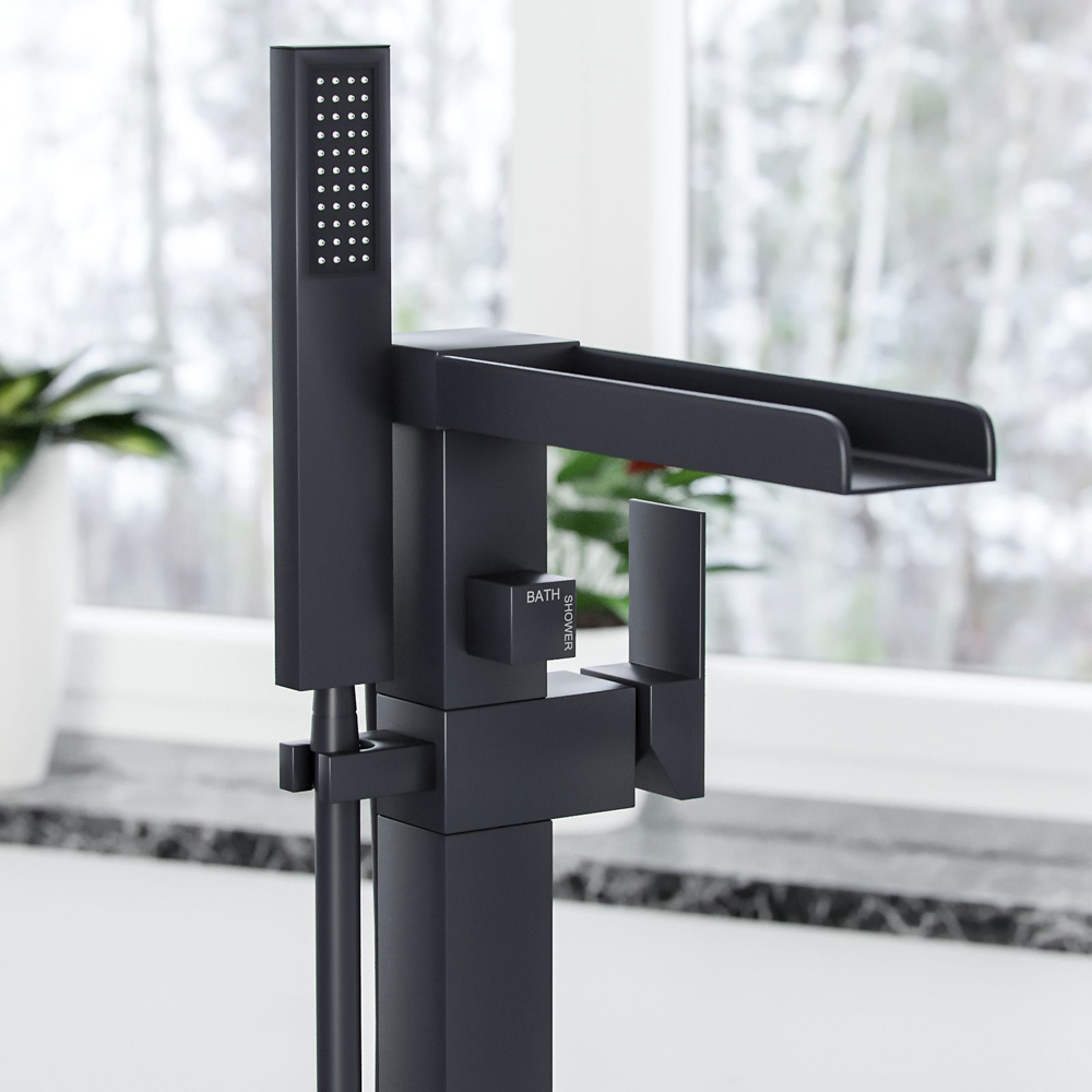 Nes Home Laura Waterfall Matte Black Freestanding Bath Shower Mixer Tap Image 3