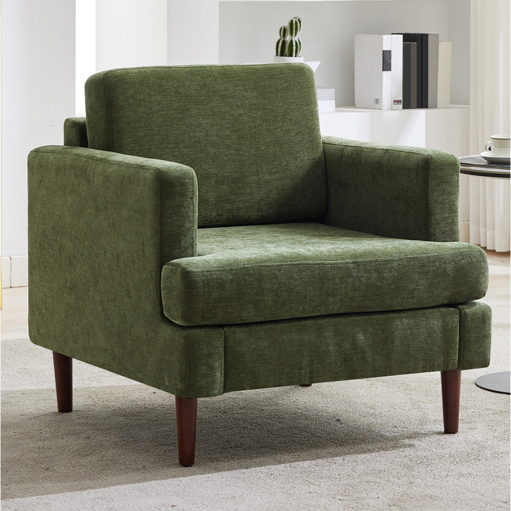 Living and Home Green Linen Mid-Century Armchair Image 7