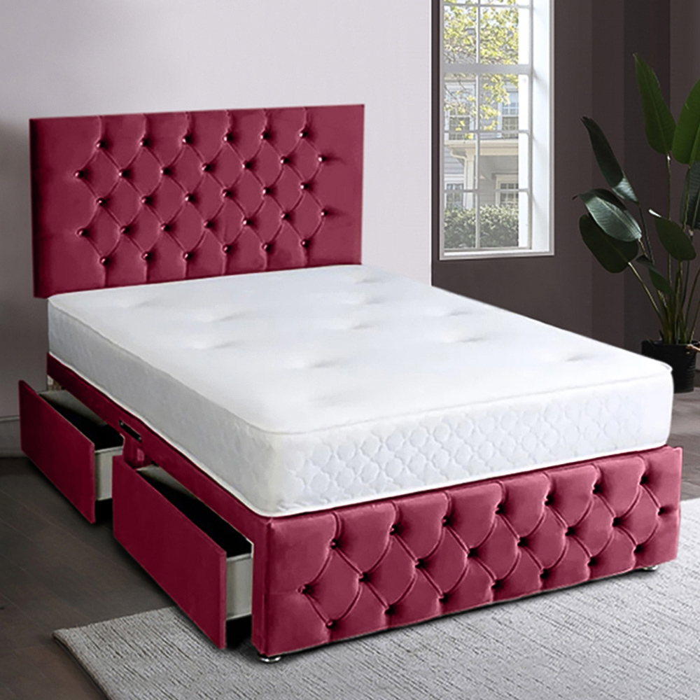 Eleganza Home Serenova Double Maroon Plush Velvet 2 Drawer Divan Bed with Headboard Image 1