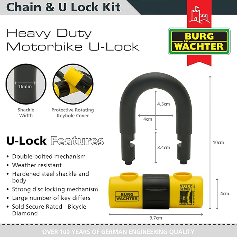 Burg-Wachter Kit Sold Secure Gold 1m x 12mm Motorbike Chain, U-lock + Anchor Image 5