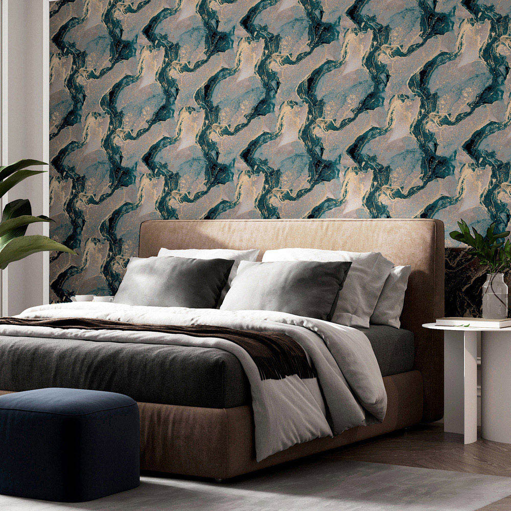 Arthouse Abstract Marble Teal and Gold Wallpaper Image 5