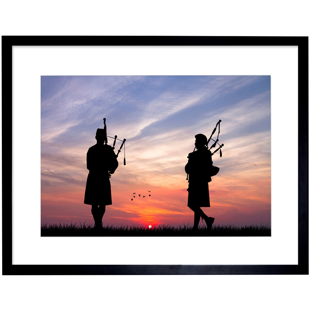 Wee Blue Coo Sunset Scottish Pipers Silhouette Photo Framed Wall Art Print 30 x 41cm Image 1