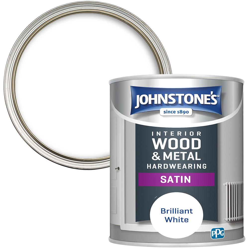 Johnstone's Hardwearing Wood and Metal Pure Brilliant White Satin Paint 750ml Image 1