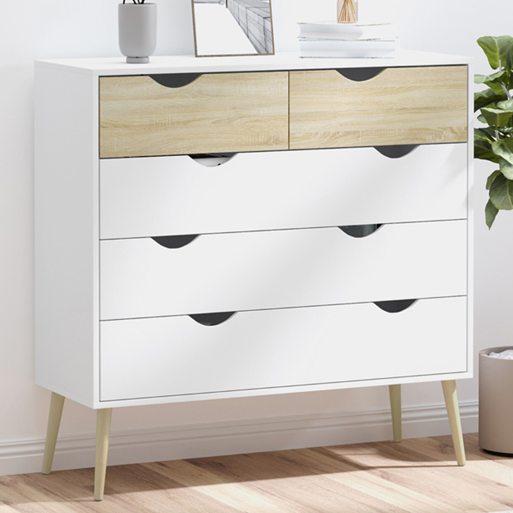 Portland Nordic 5 Drawer White and Oak Wood Chest of Drawers Image 1