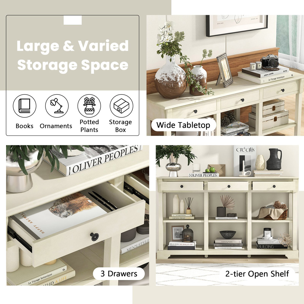 Costway 3 Drawer Open Shelf White Retro Console Table Image 8