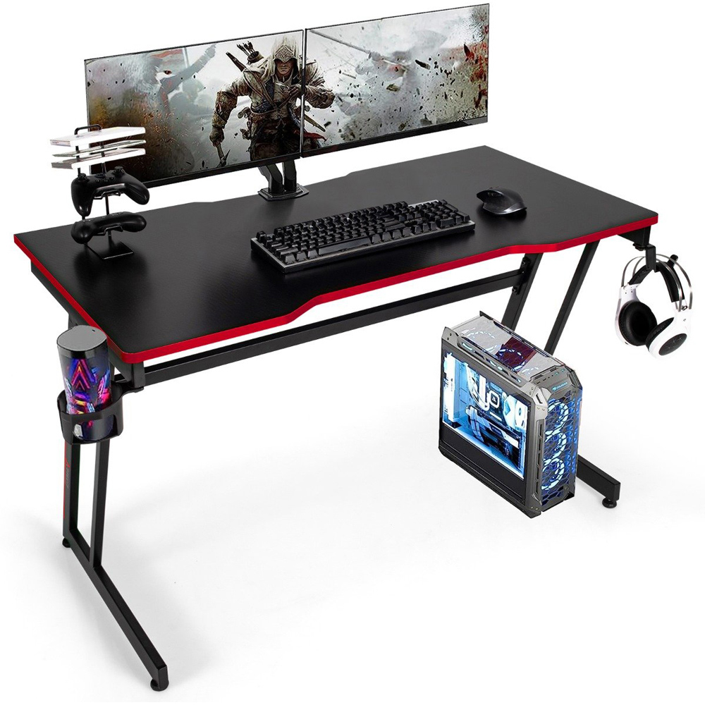 Costway Z-Shaped Computer Desk with Headphone Hook and Cup Holder Red Image 2