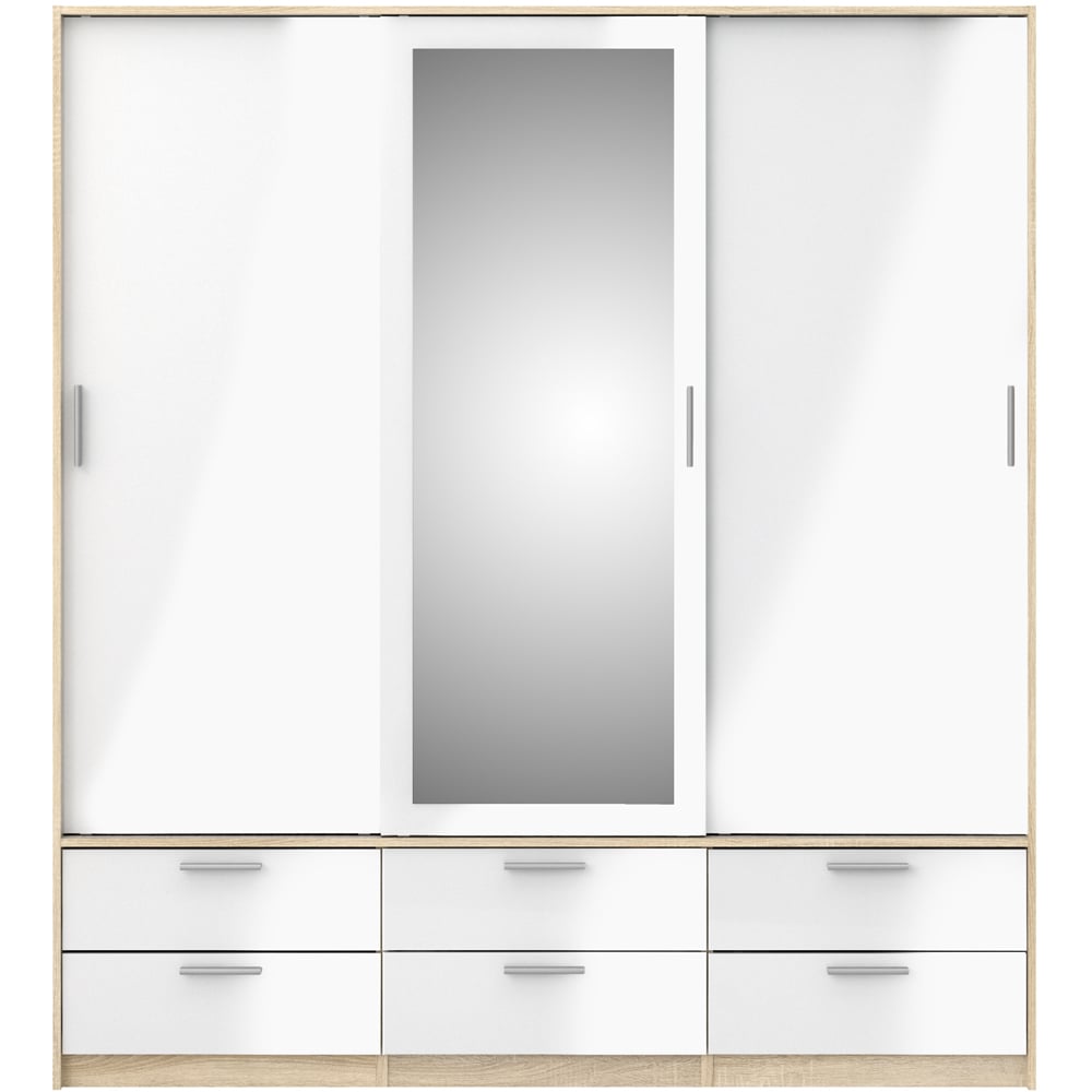 Florence Line 3 Door 6 Drawer Oak and White High Gloss Wardrobe Image 3