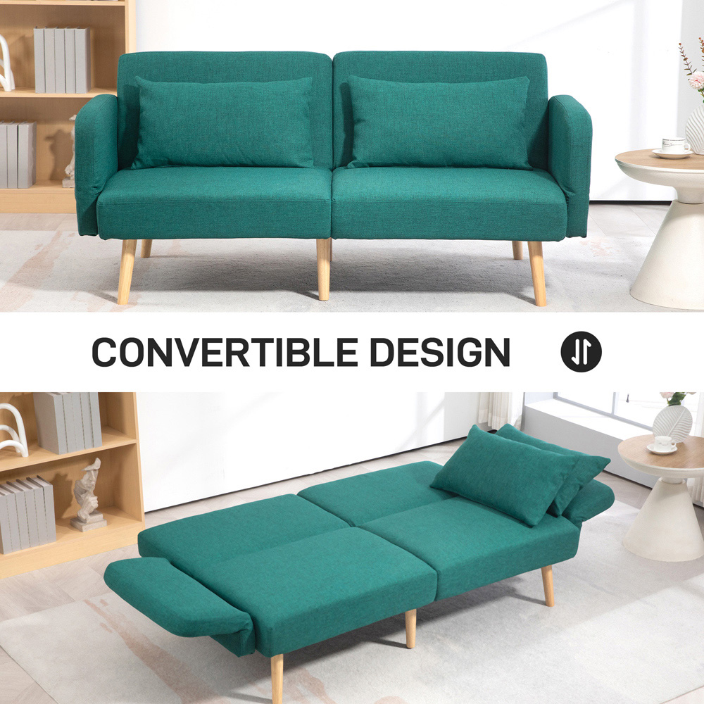 Portland 2 Seater Green Convertible Sofa Bed with Cushions Image 5