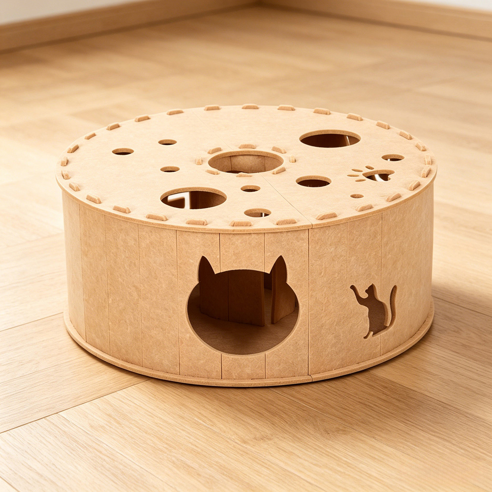 H&O Direct 2-Tier Coffee Colour Donut Shape Round Felt Cat House Image 2