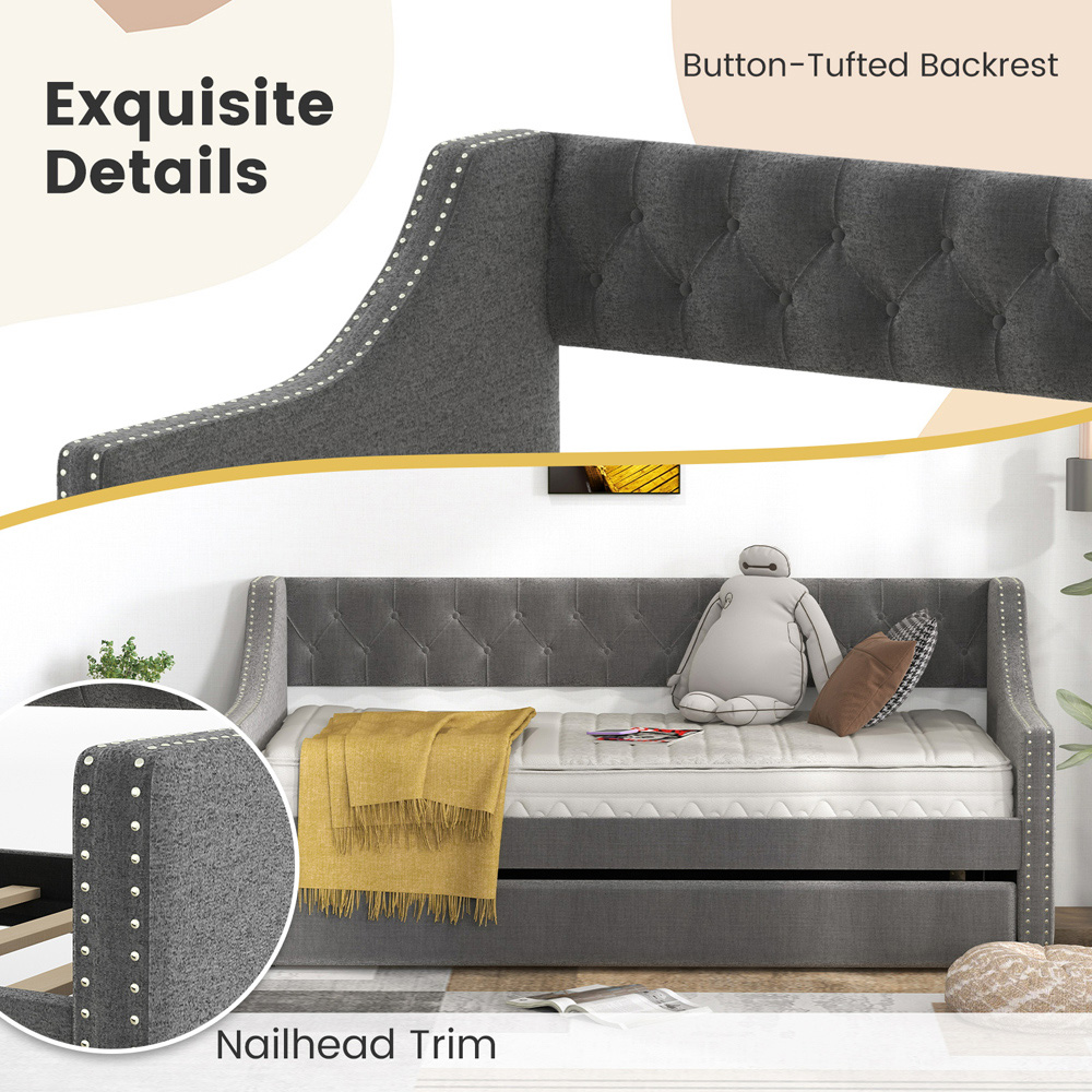 Costway Single Grey Linen Trundle Bed with Backrest Image 5