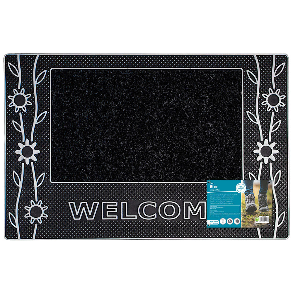 JVL Rico Silver Black Flowers Metallic PVC Door Mat 45 x 75cm Image 3