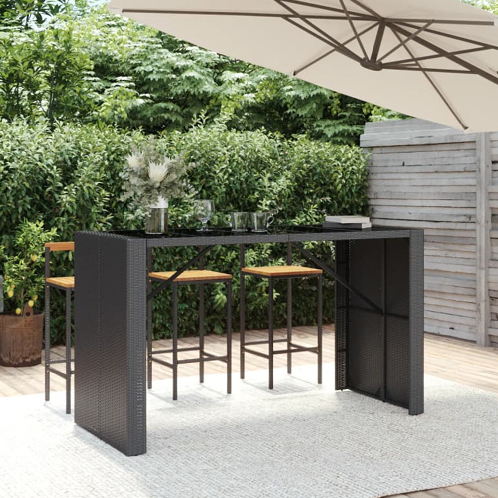 vidaXL Black Polyrattan Glass Top Bar Table 110 x 80 x 185cm Image 1