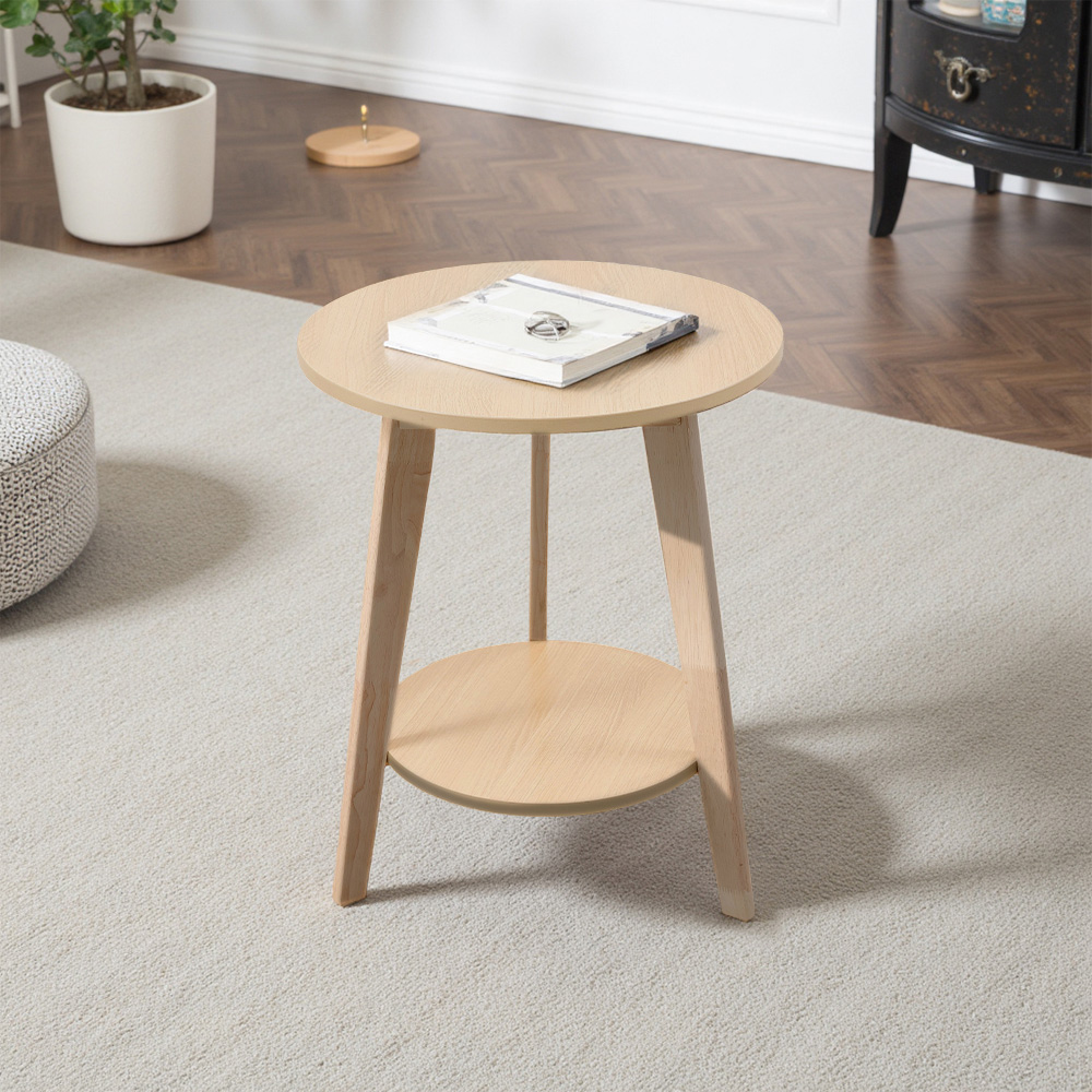 Living and Home 2-Tier Natural Round Wooden Coffee Side Table Image 8
