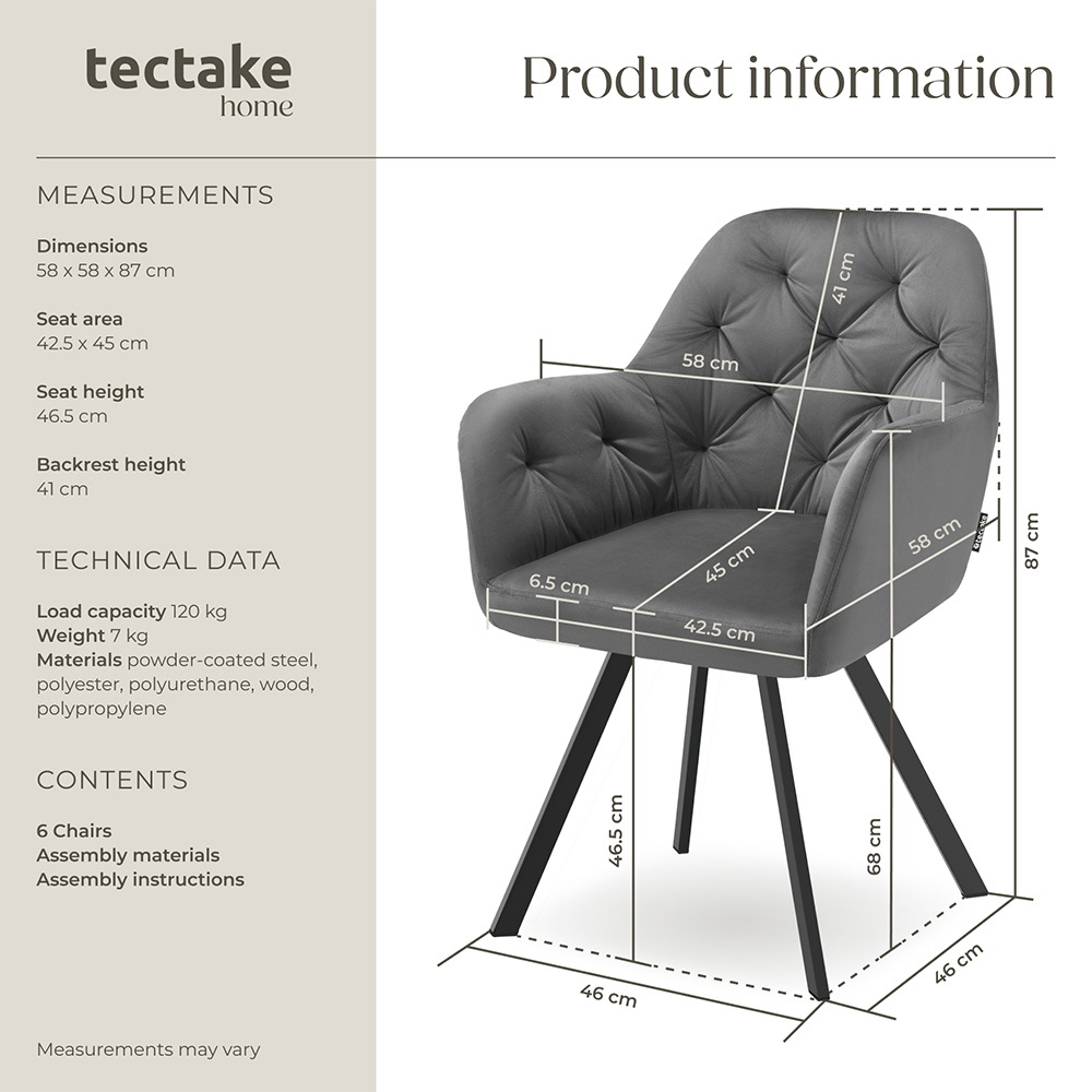 tectake Lucia Set of 6 Anthracite Quilted Pattern Velvet Swivel Armchair Image 9