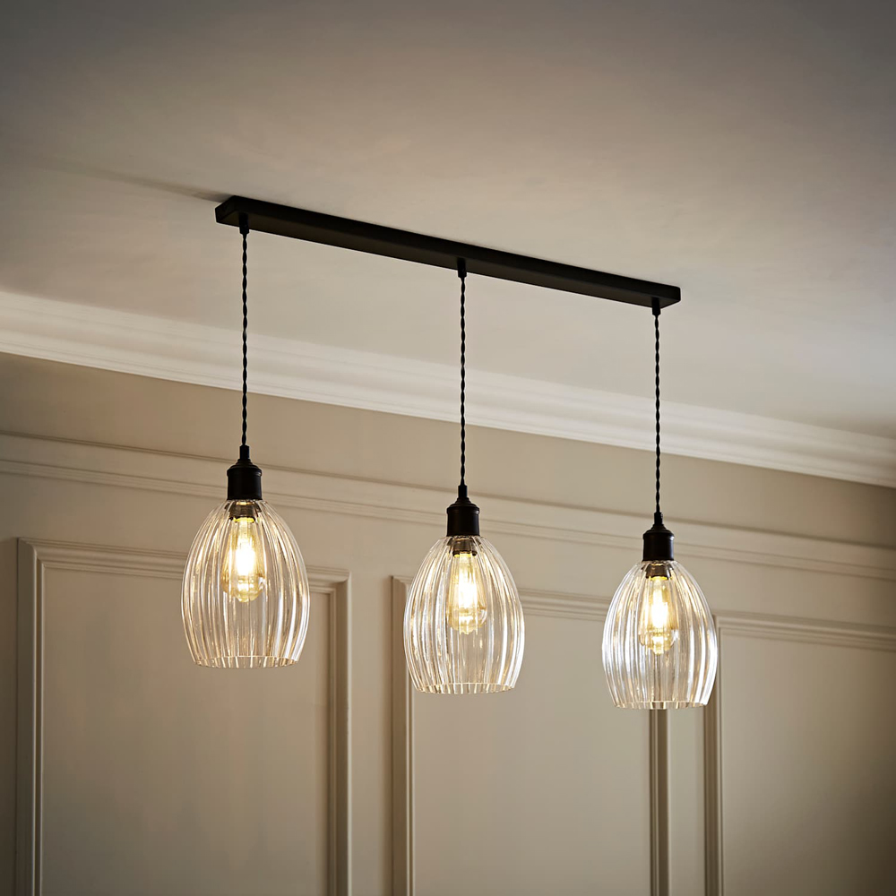 ValueLights Cheltenham Ribbed Shades Matte Black 3 Drop Bar Ceiling Light with Bulbs Image 6