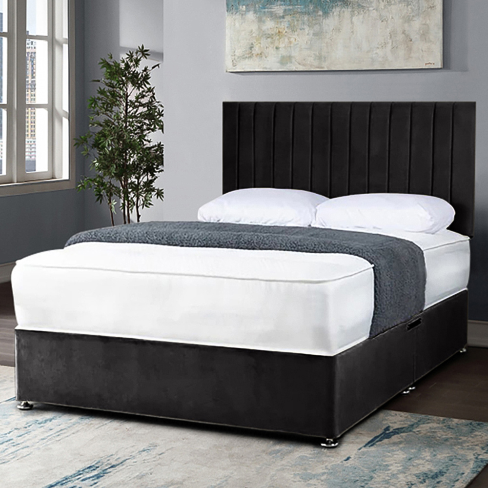 Eleganza Home Naptime King Size Black Plush Divan Bed with Lined Headboard Image 1