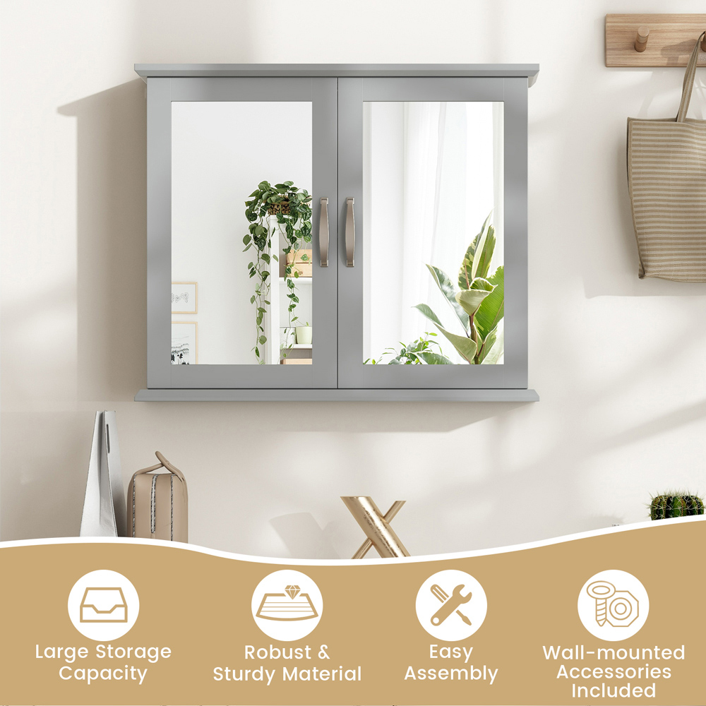 Costway 2 Shelf Grey Wall Mounted Bathroom Cabinet with Mirror Door Image 5